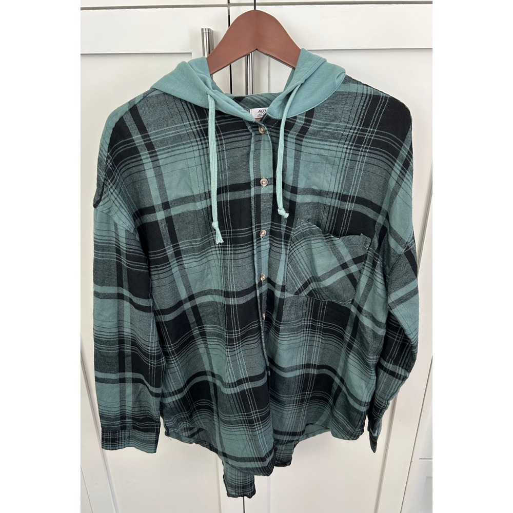 Ardene Hooded Flannel Shirt Plaid Button Up Long‎ Sleeve Top S/P